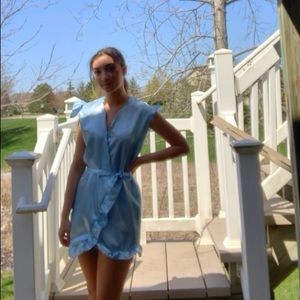 Satin blue ruffled wrap dress!